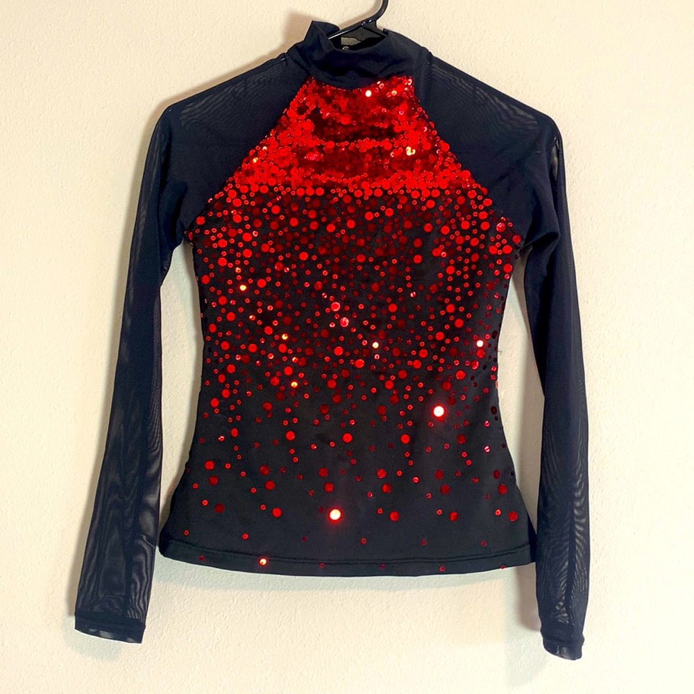 Balera Dance top, SA, Small Adult, black mesh with red sequins, snap closure